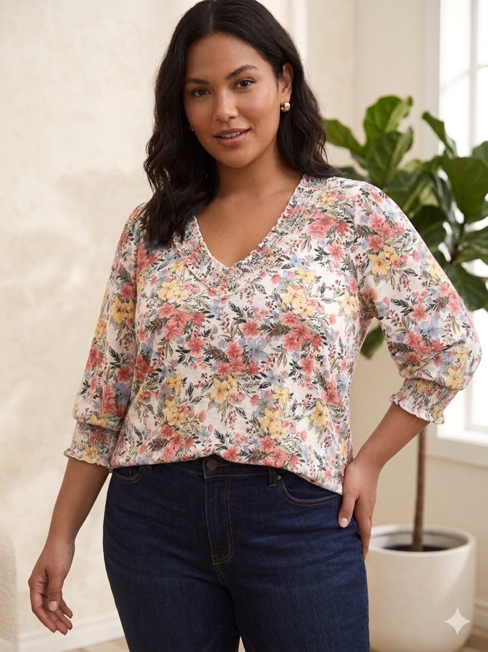 Hiatus Floral Smocked Neck Peasant Blouse Top Size Boho Cottagecore 1x